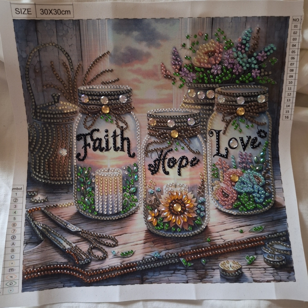 Mason Jars Diamond Art  Faith Hope Love Completed Diamond Art   Painting New